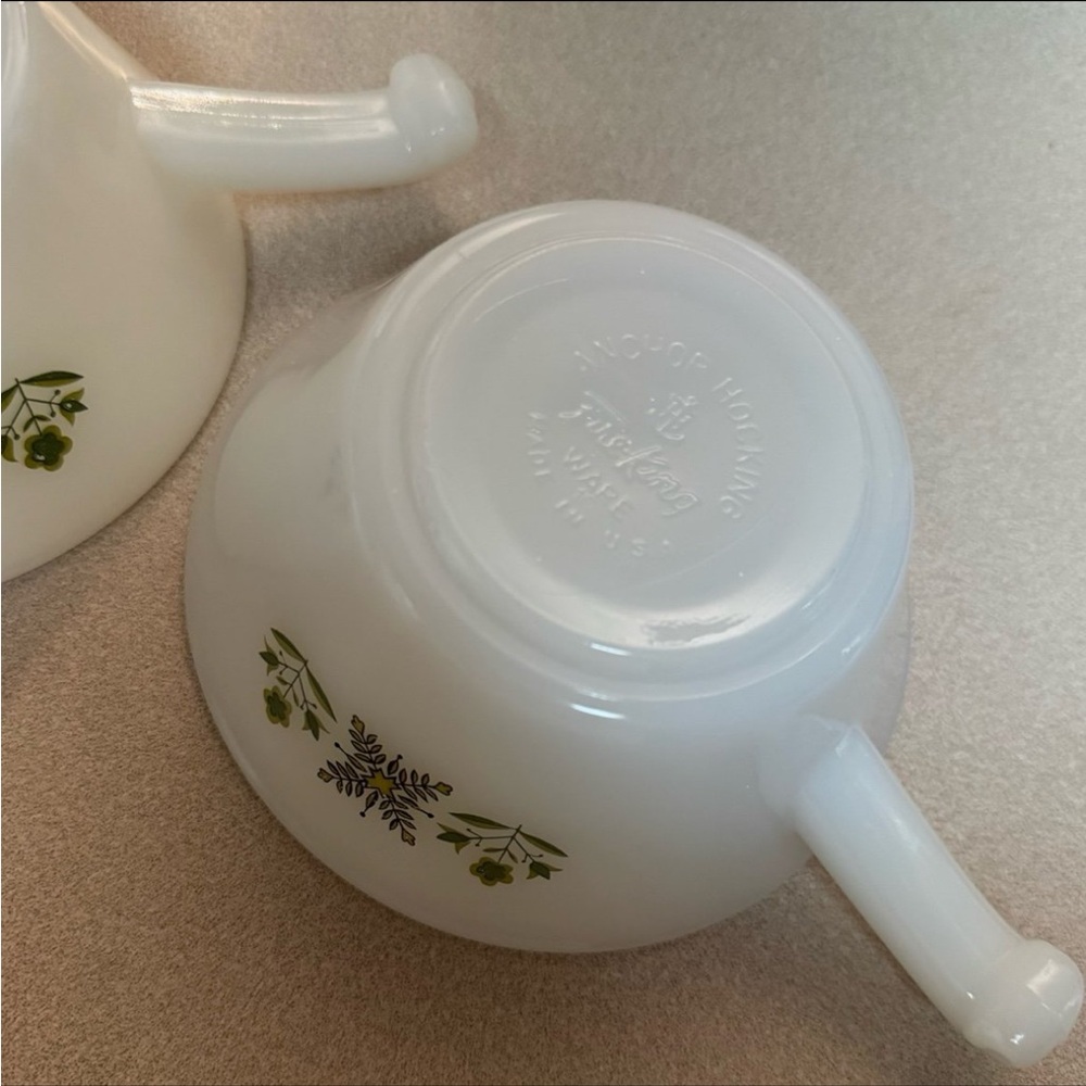 Vintage Fire King "Meadow Green" Milk Glass Handled Soup Bowls | Set of 2 - Picture 7 of 12